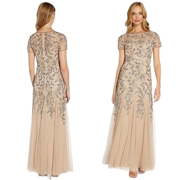 Adrianna Papell Dresses & Skirts - New Adrianna Papell Dress Hand Beaded Short Sleeve Floral Godet Gown Size 14 New